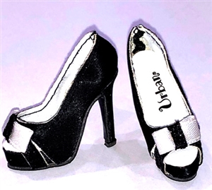 #28110S Black Satin Heels with Bow and Open Toe